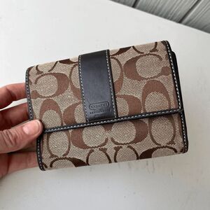 Coach Signature Canvas & Leather Tri-Fold Wallet Brown Classic Logo